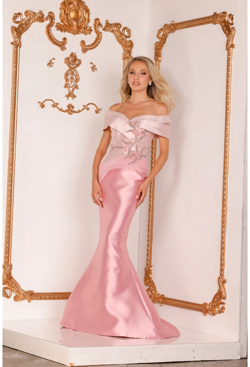 Terani 2011M2159 Off-the-Shoulder Beaded Floral Asymmetric Peplum Mother of the Bride Gown