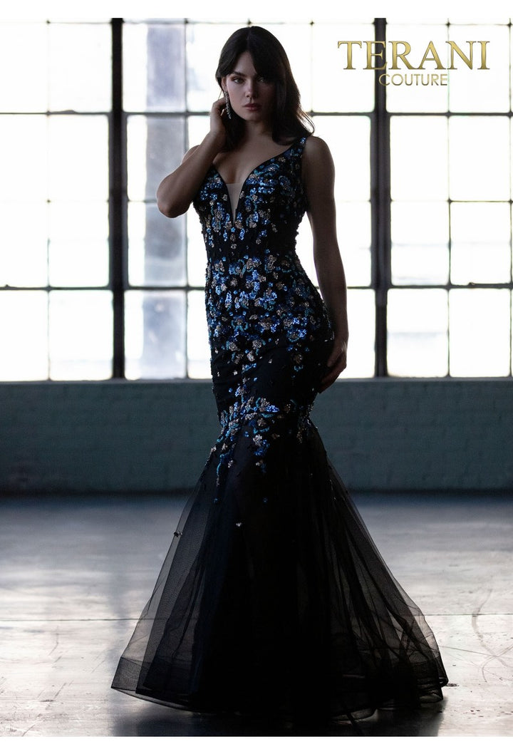 TERANI COUTURE 2012P1357 FLORAL BEADED TRUMPET GOWN - FOSTANI