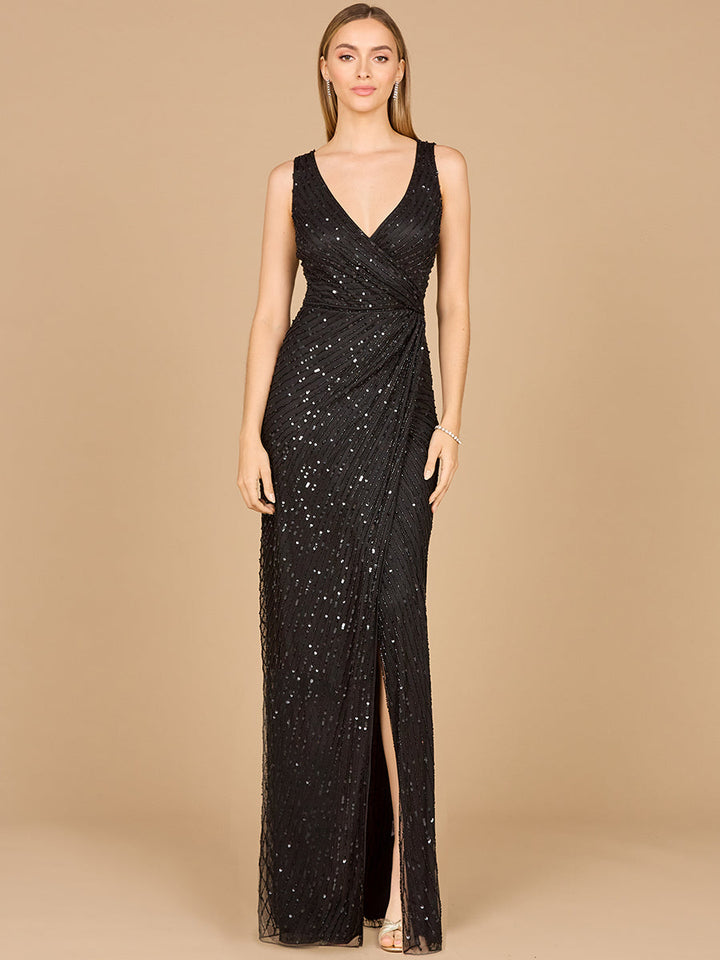 Lara 29096 - Beaded Black Gown with Slit - FOSTANI