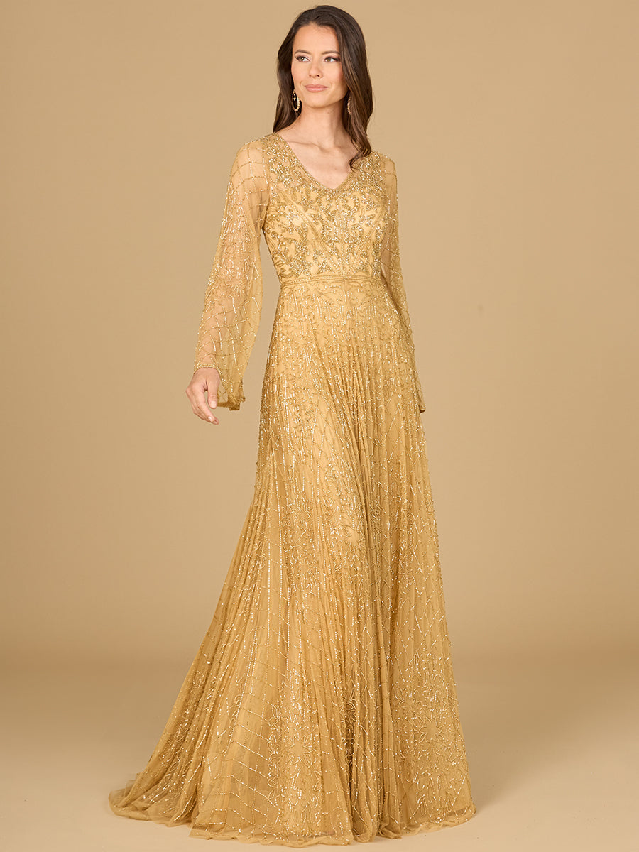 Lara 29115 - Beaded Long Dress with Flare Sleeves - FOSTANI