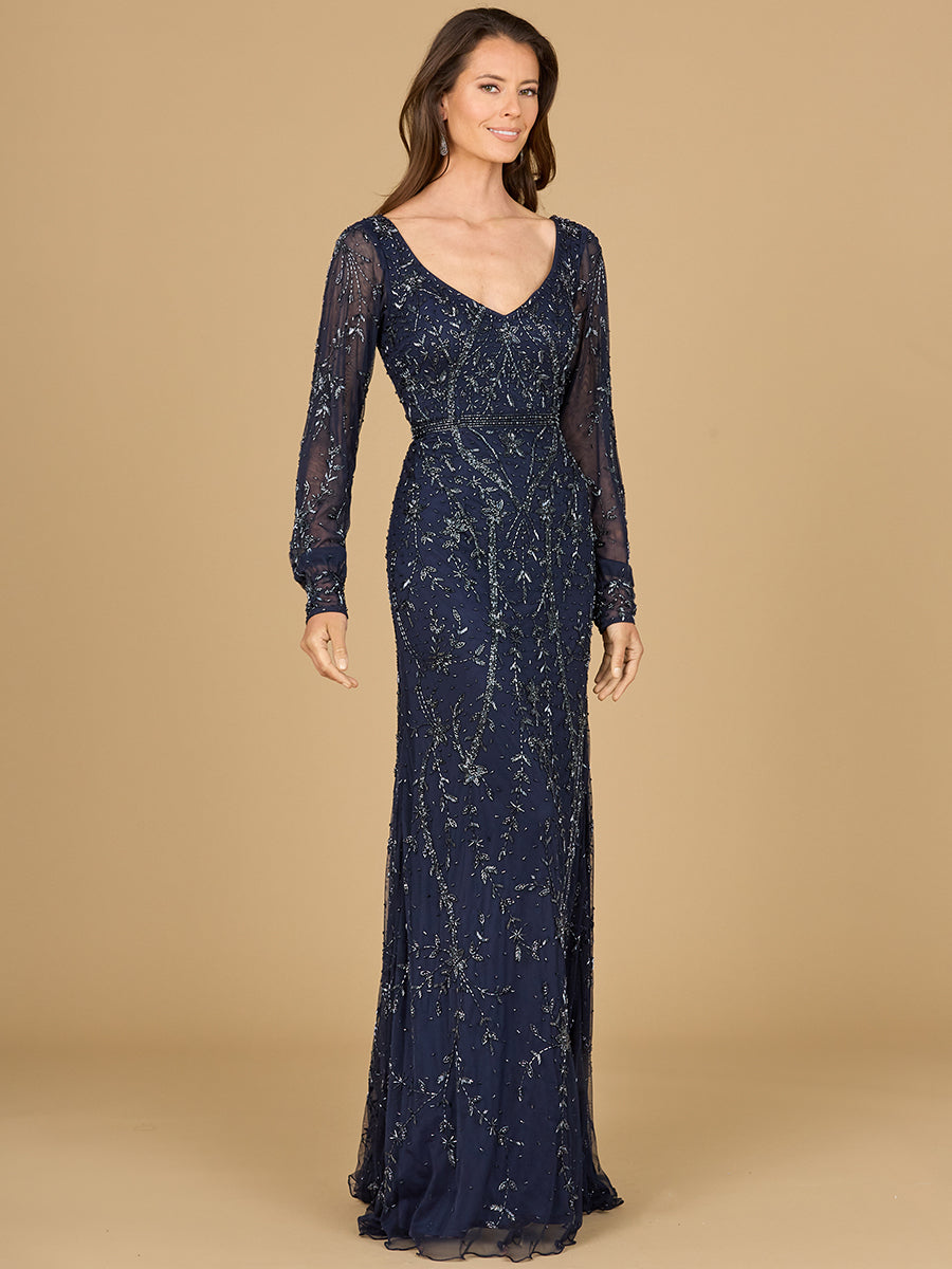 Lara 29120 - V-Neck Beaded Gown with Sleeves - FOSTANI