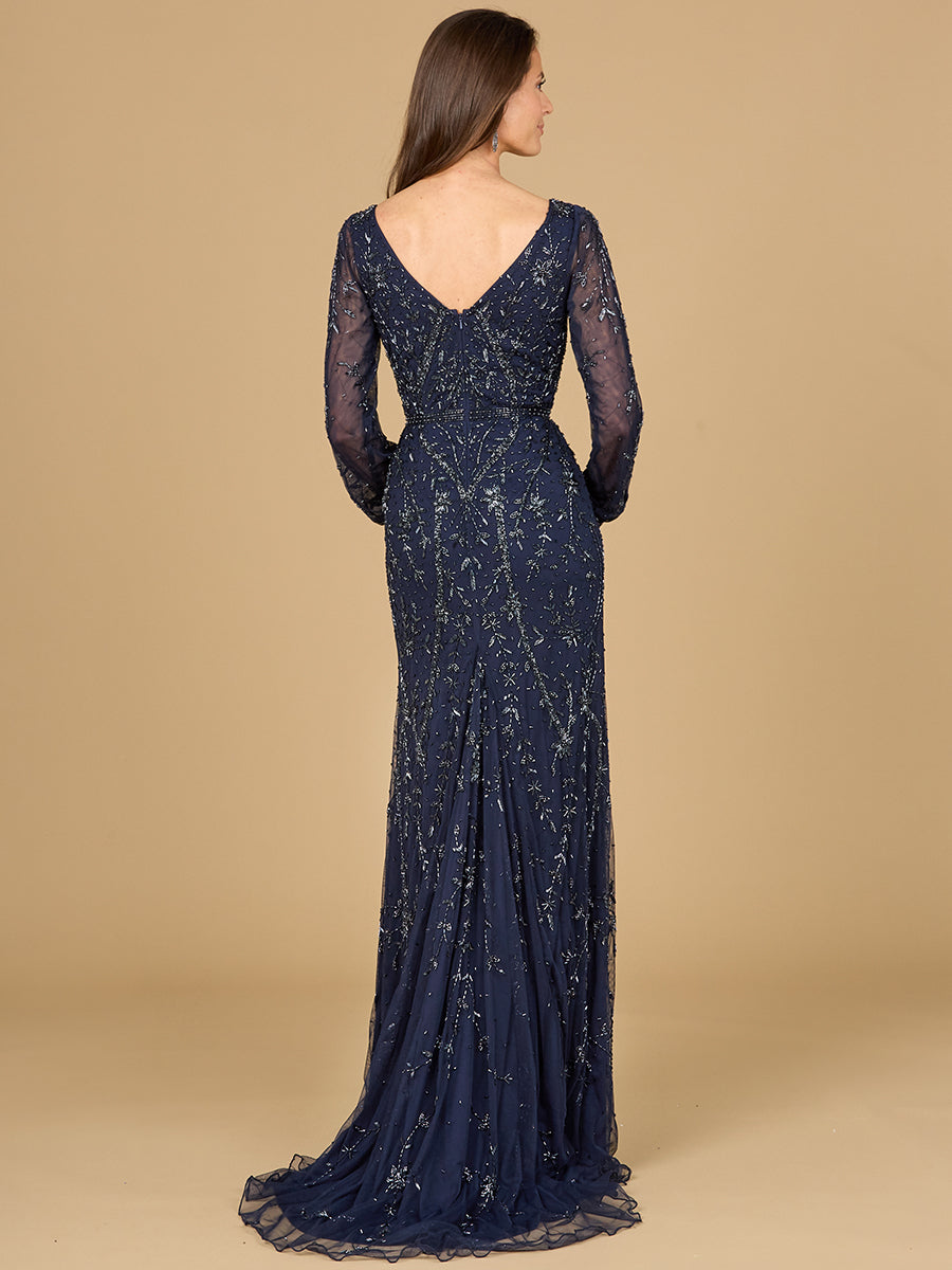 Lara 29120 - V-Neck Beaded Gown with Sleeves - FOSTANI