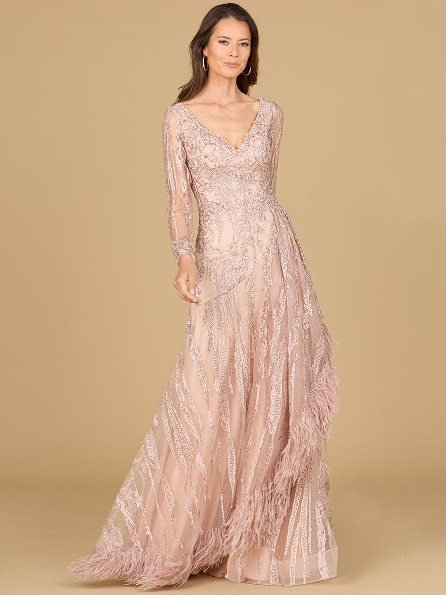 Lara 29133 - Long Sleeve V-Neck Lace Gown with Feathers - FOSTANI
