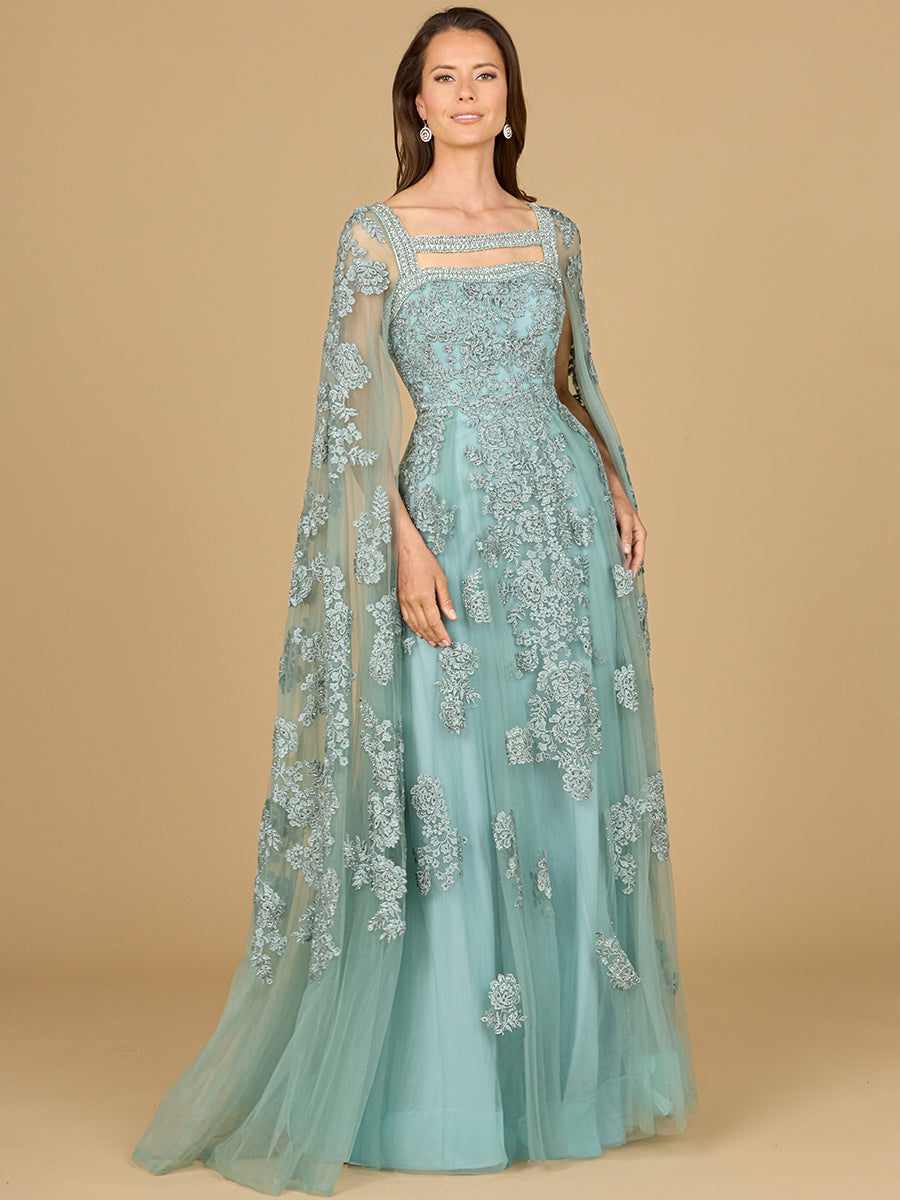 Lara 29138 - Lace Gown with Long Cape Sleeves - FOSTANI