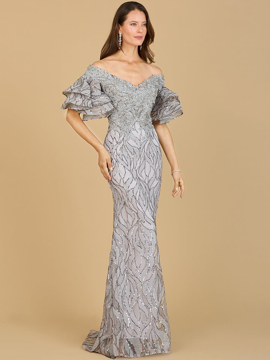 Lara 29190 - Off Shoulder Mermaid Beaded Gown with Tiered Sleeves - FOSTANI