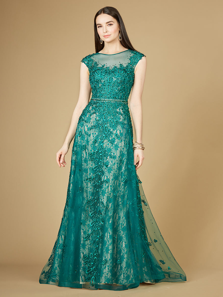 Lara 29250 - Inspired Lace Gown with Cap Sleeves - FOSTANI