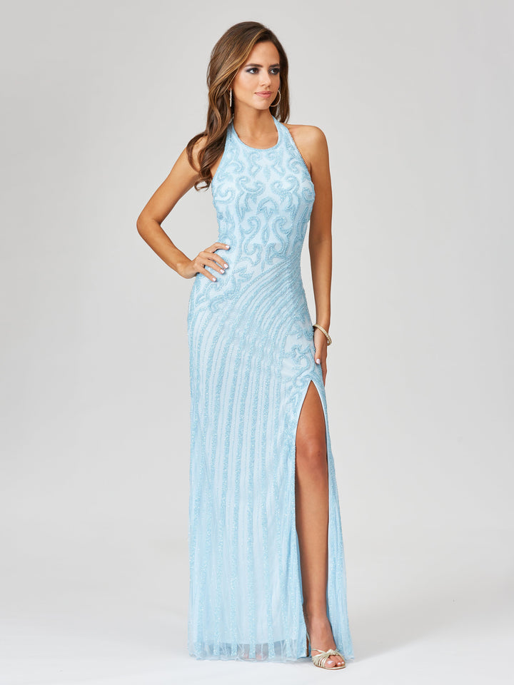 Giselle Beaded Halter Gown with Slit - FOSTANI