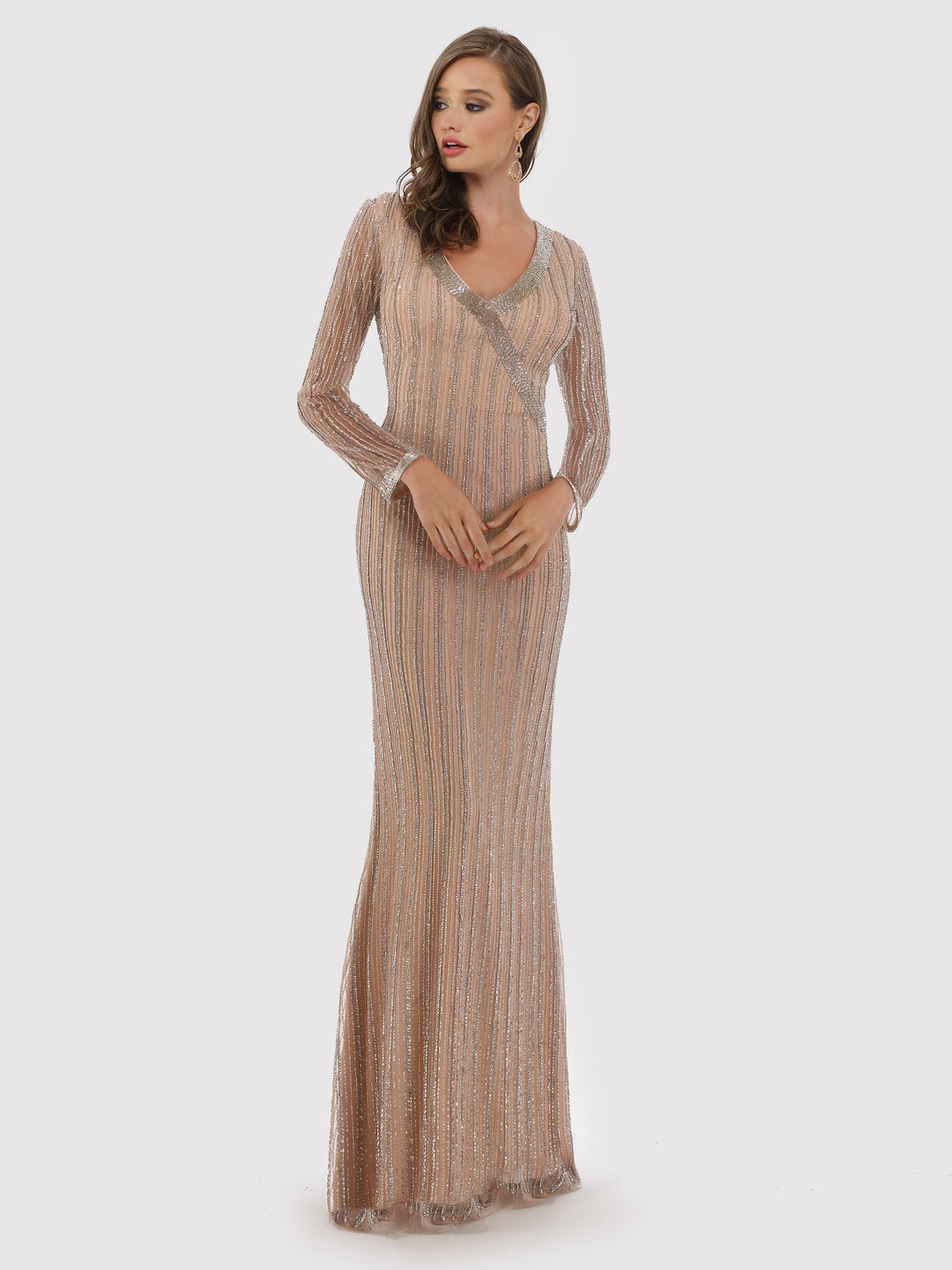Lara 29747 - Faux Wrap V-Neck Dress with Long Sleeves - FOSTANI
