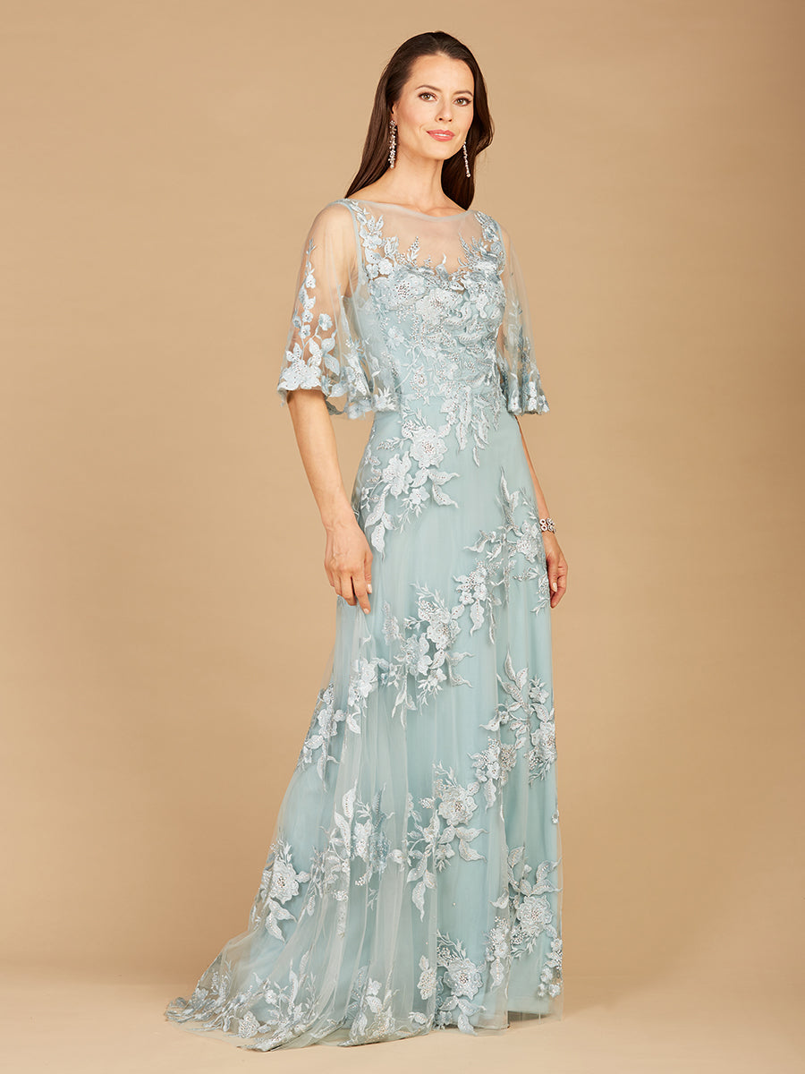 Lara 29772 - Cape Sleeves A-line Lace Gown - FOSTANI