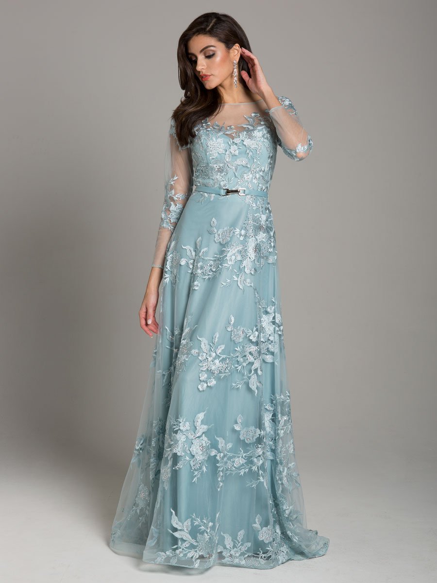 Lara 29863 - High Neck Beaded Lace Gown with Long Sleeves - FOSTANI