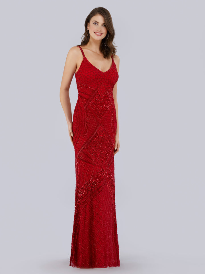 Lara 29911- Plunging Neckline Spaghetti Strap Fitted Column Dress - FOSTANI