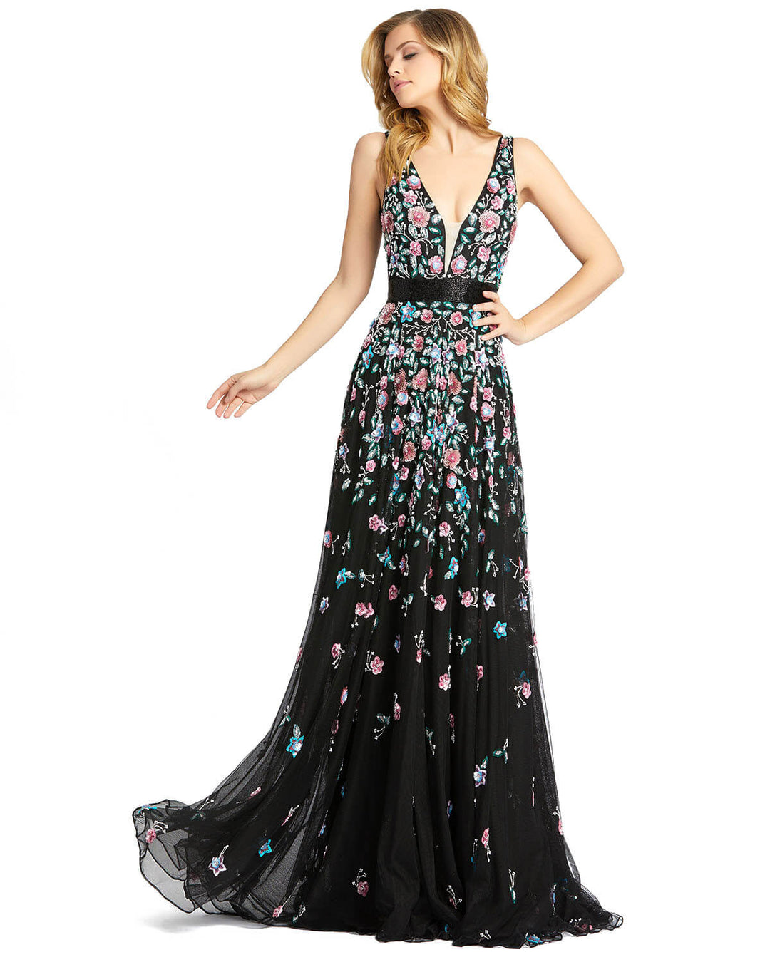 Floral Embellished V Neck Evening Gown - Evening dress FOSTANI