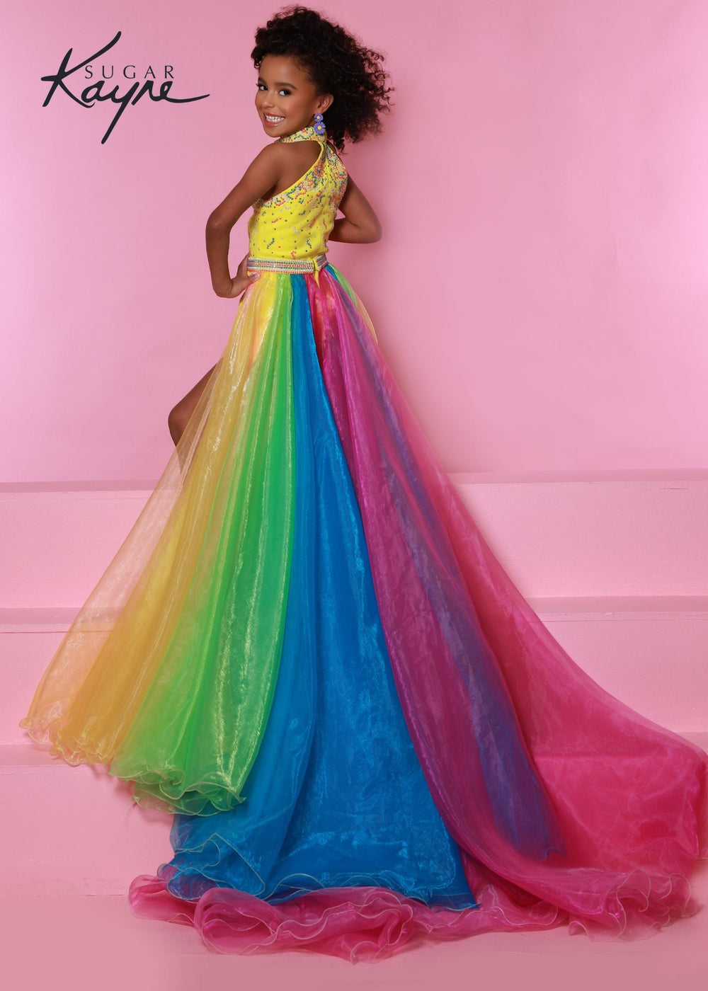 Sugar Kayne C304 Girls Halter Choker high neck Pageant Romper Rainbow Overskirt detachable - FOSTANI