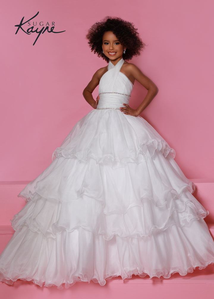 Sugar Kayne C305 Ruffled Layers Girls Preteens Pageant Dress Ball Gown Cape Halter Formal Dress - FOSTANI