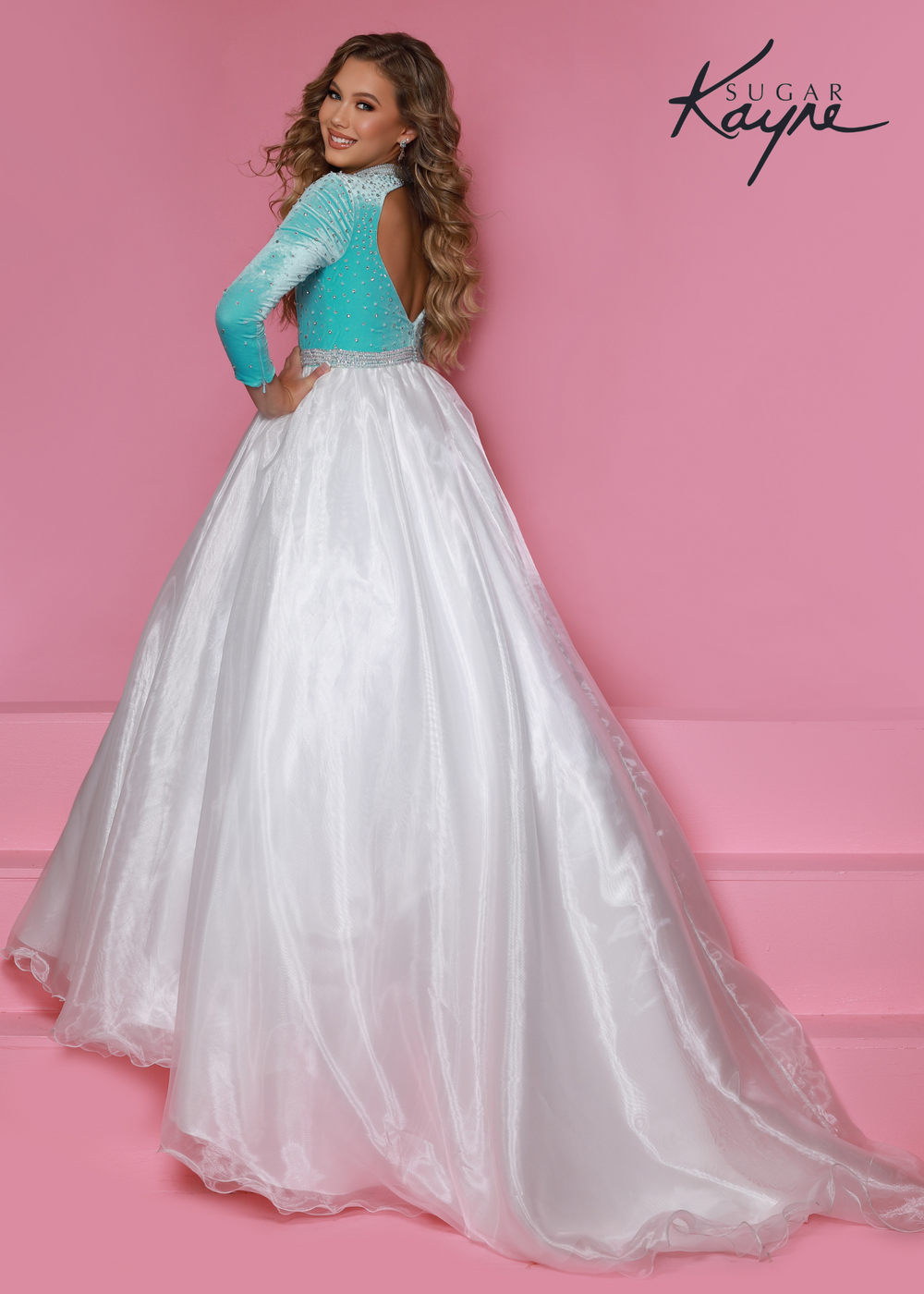 Sugar Kayne C306 Girls Long Sleeve Velvet Bodice Pageant Dress A Line Formal Gown - FOSTANI