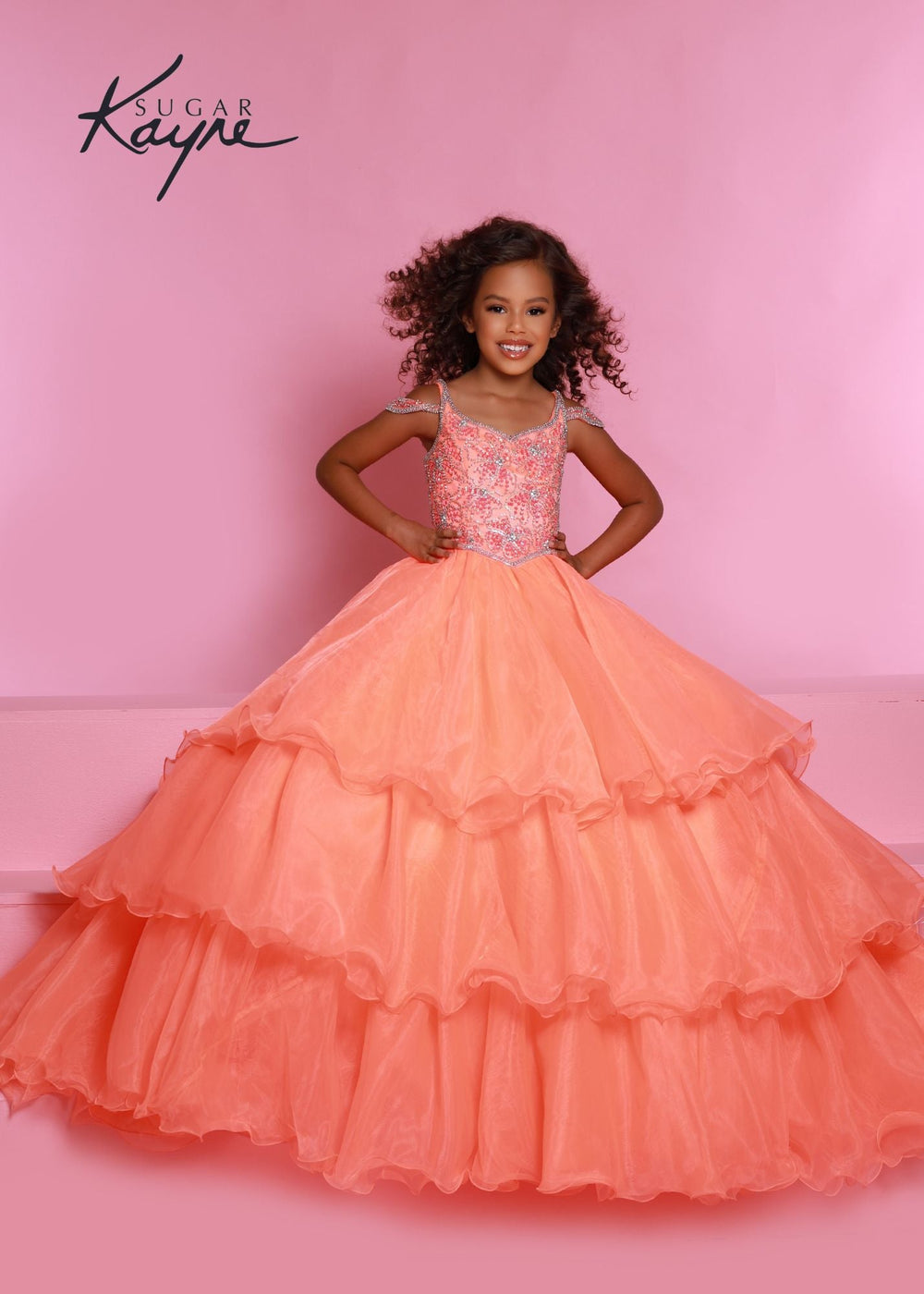 Sugar Kayne C318 Long Layer Ruffle Girls Pageant Dress off the Shoulder Ball Gown Beaded - FOSTANI