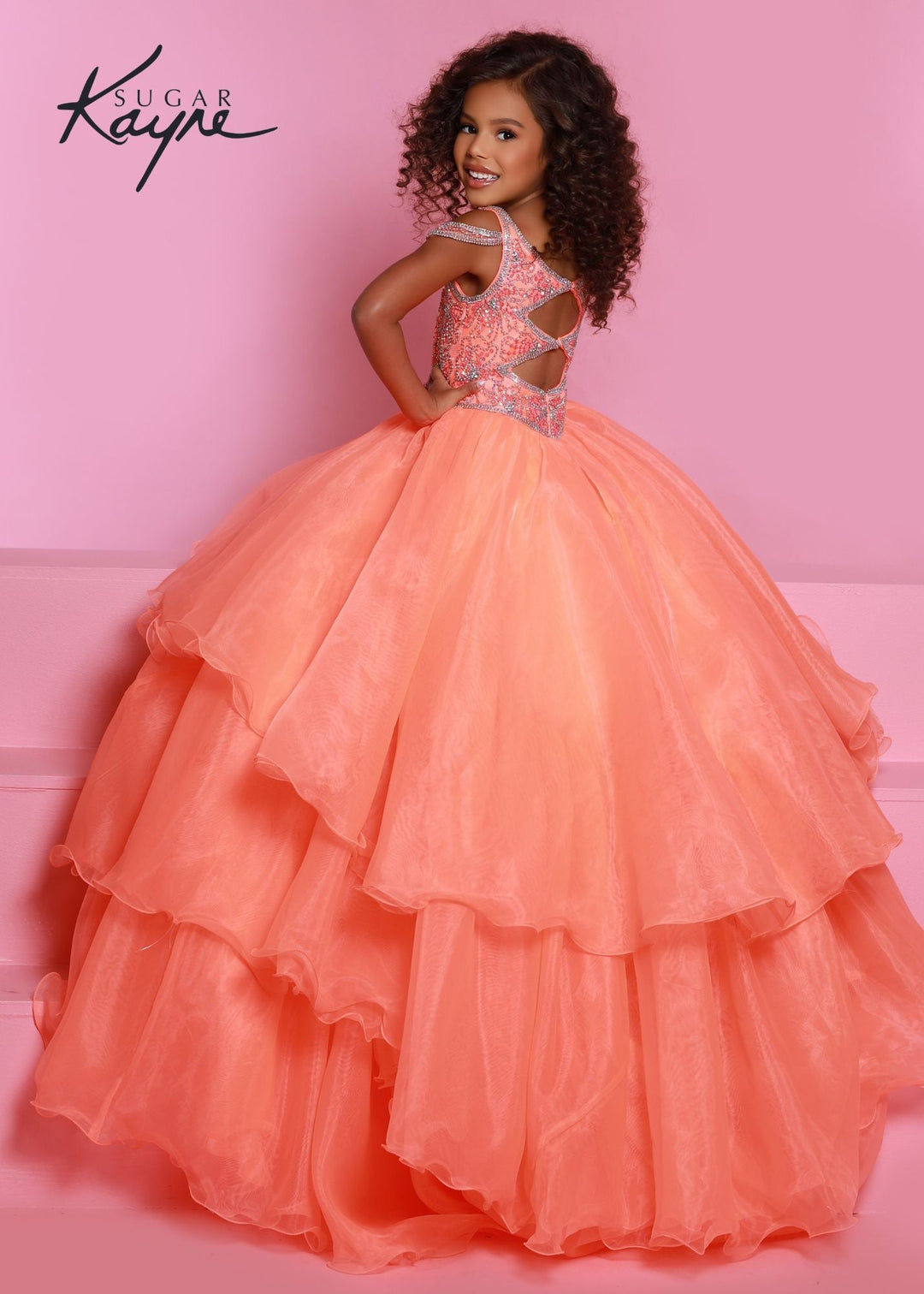 Sugar Kayne C318 Long Layer Ruffle Girls Pageant Dress off the Shoulder Ball Gown Beaded - FOSTANI