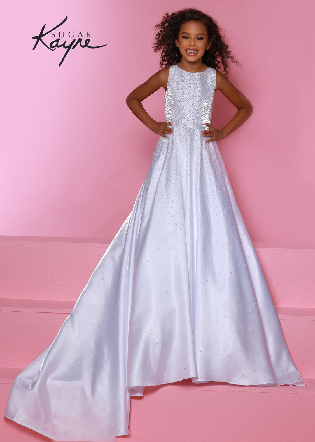 Sugar Kayne C322 Long Shimmer Satin A Line Girls Pageant Dress Embellished Gown Train - FOSTANI