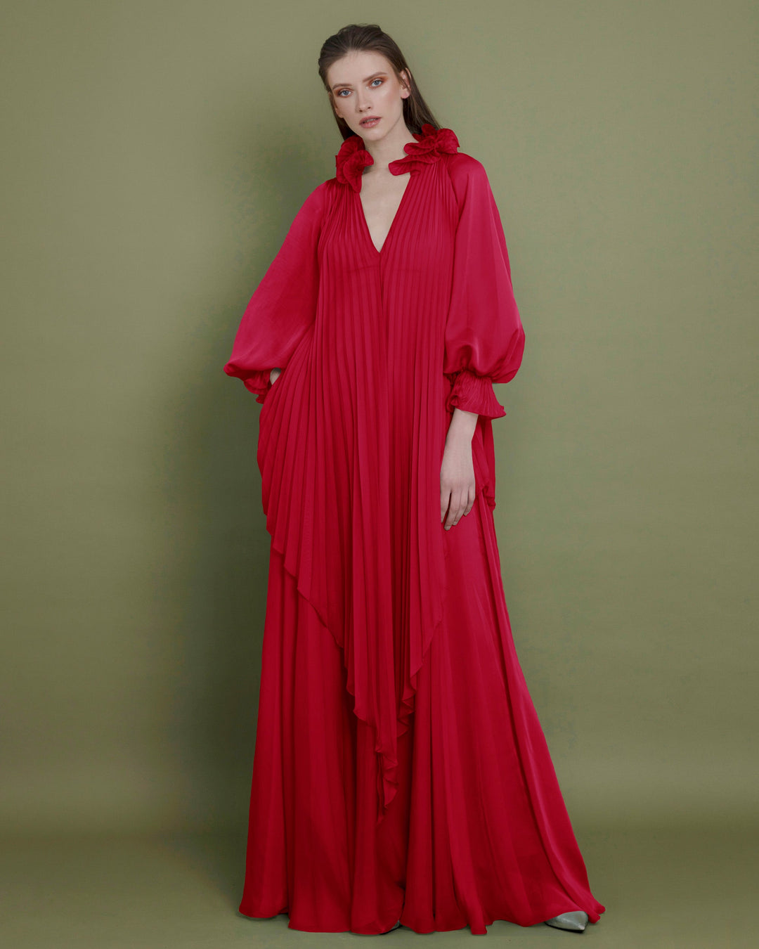 Loose-Cut Ruffled Long Red Dress - FOSTANI