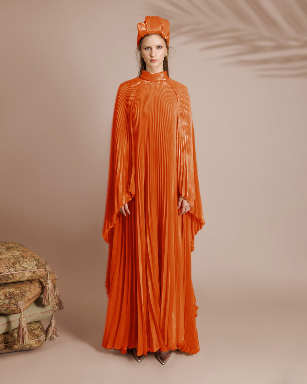 Cape-Like Sleeves Orange Dress - FOSTANI