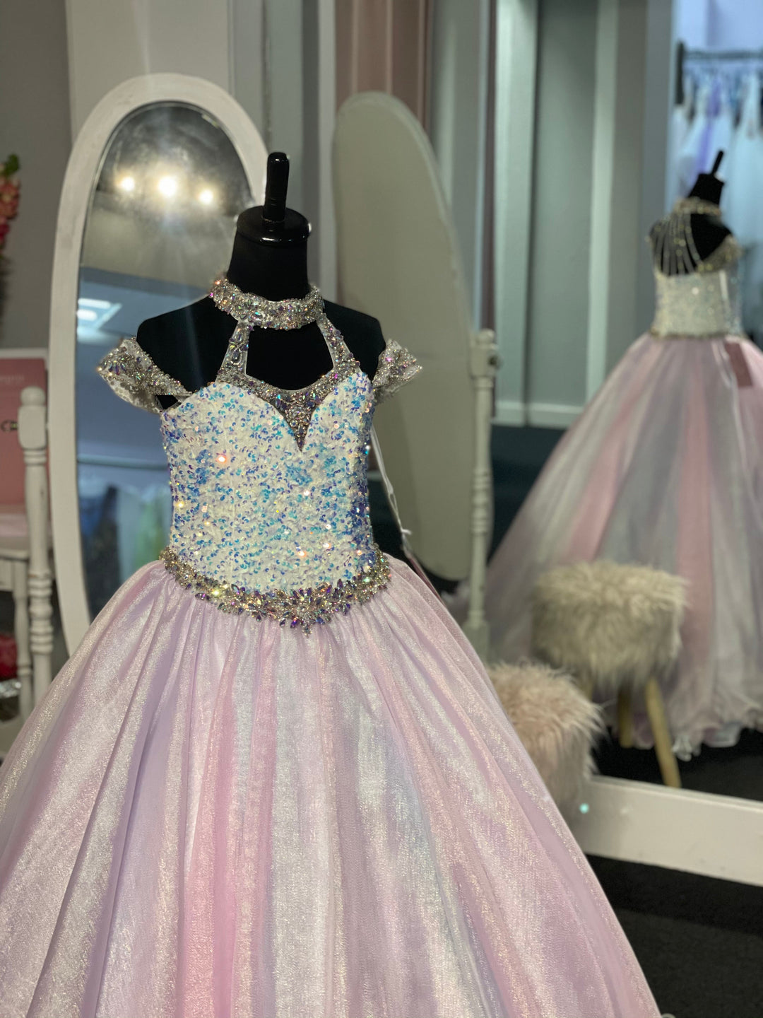 Sugar Kayne C103 Long Metallic Pastel Girls Pageant Dress Sequin Velvet Gown - FOSTANI
