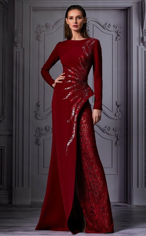 MNM Couture K3850 Long Sleeve High Neck Column Gown with Beaded Slit Panel
