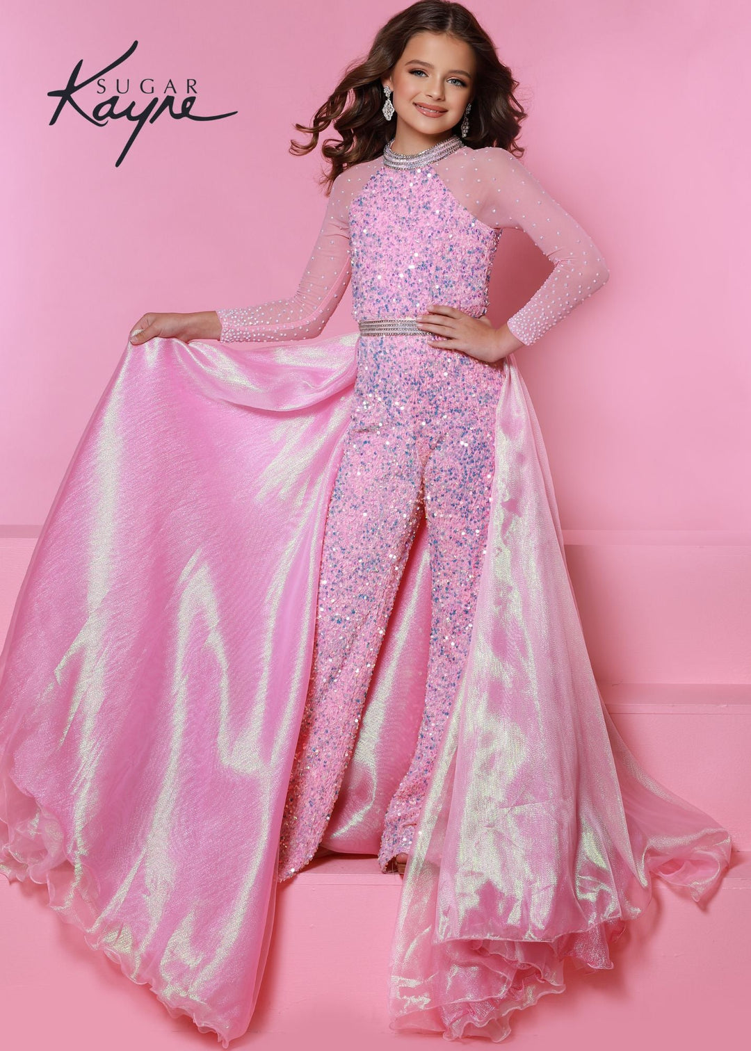 Sugar Kayne C104 Girls Sequin Velvet Jumpsuit Preteen Long Sleeve Pageant Dress Overskirt - FOSTANI