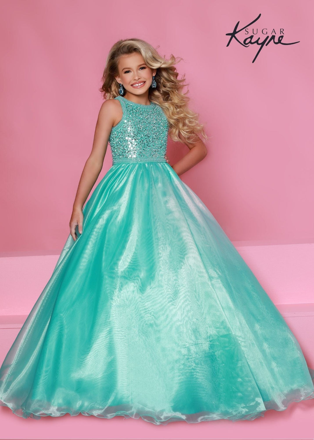 Sugar Kayne C186 Girls and Preteen Pageant Dress Sequin and Pearl Top Cutout Heart Back Organza Long Skirt with Train - FOSTANI