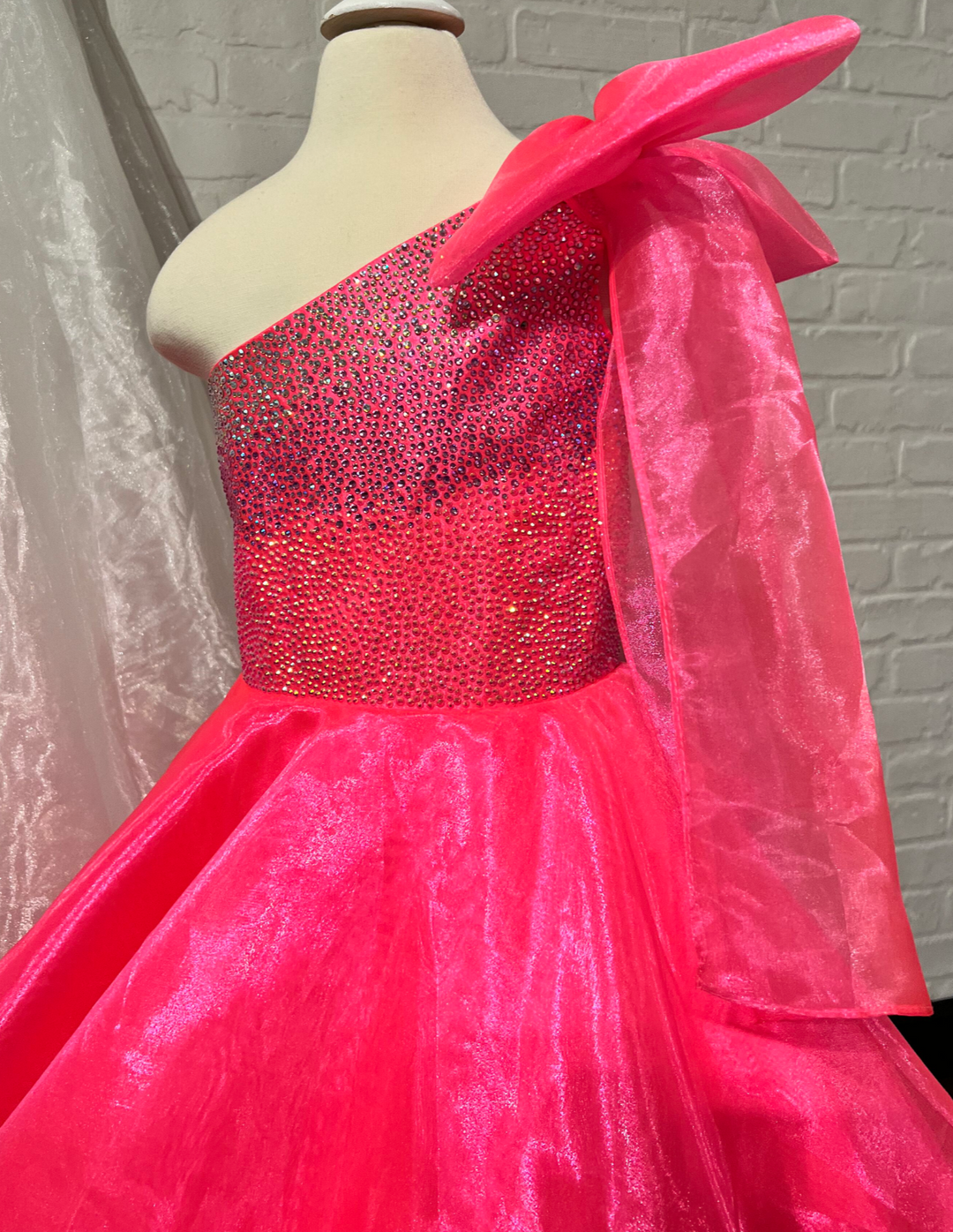 Sugar Kayne C310 Girls One Shoulder Bow A Line Shimmer Pageant Dress Crystal Gown - FOSTANI