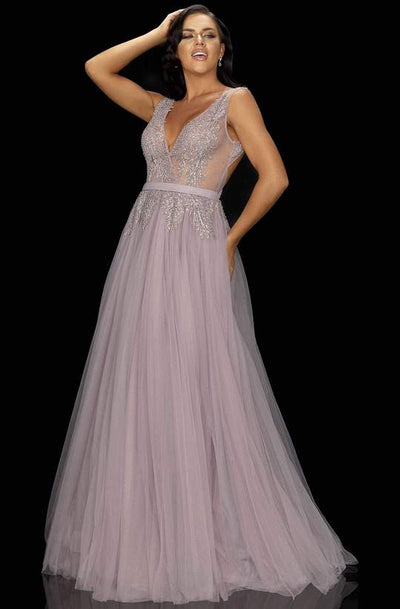 TERANI COUTURE 2011P1109 IRIDESCENT APPLIQUED LONG TULLE GOWN - FOSTANI