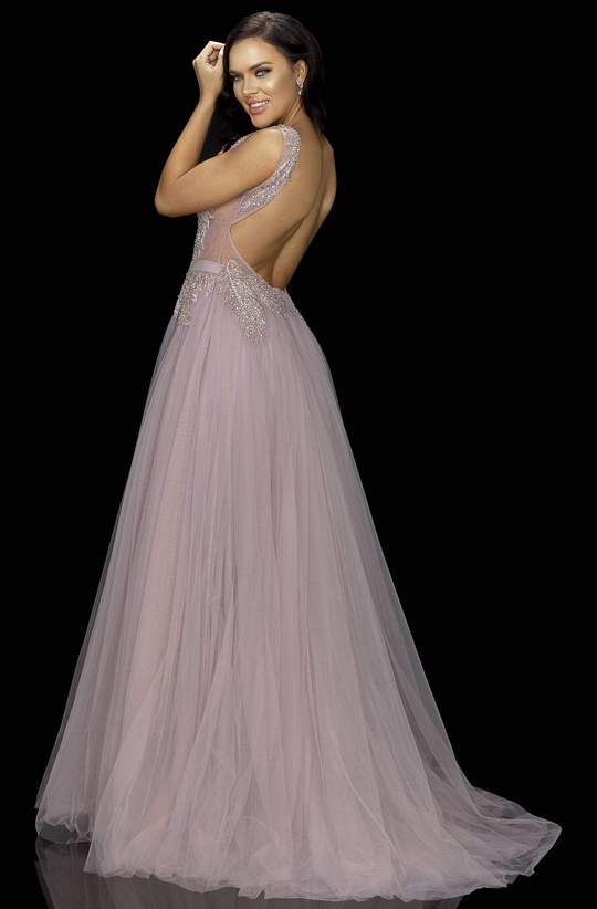 TERANI COUTURE 2011P1109 IRIDESCENT APPLIQUED LONG TULLE GOWN - FOSTANI